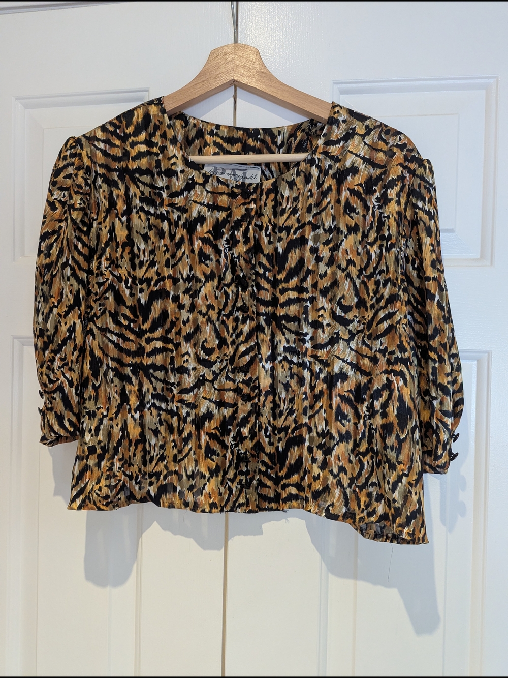 Vintage 80s Animal Tiger Print Cropped Boxy Fit Blouse Top Maximalist Chic M/L
